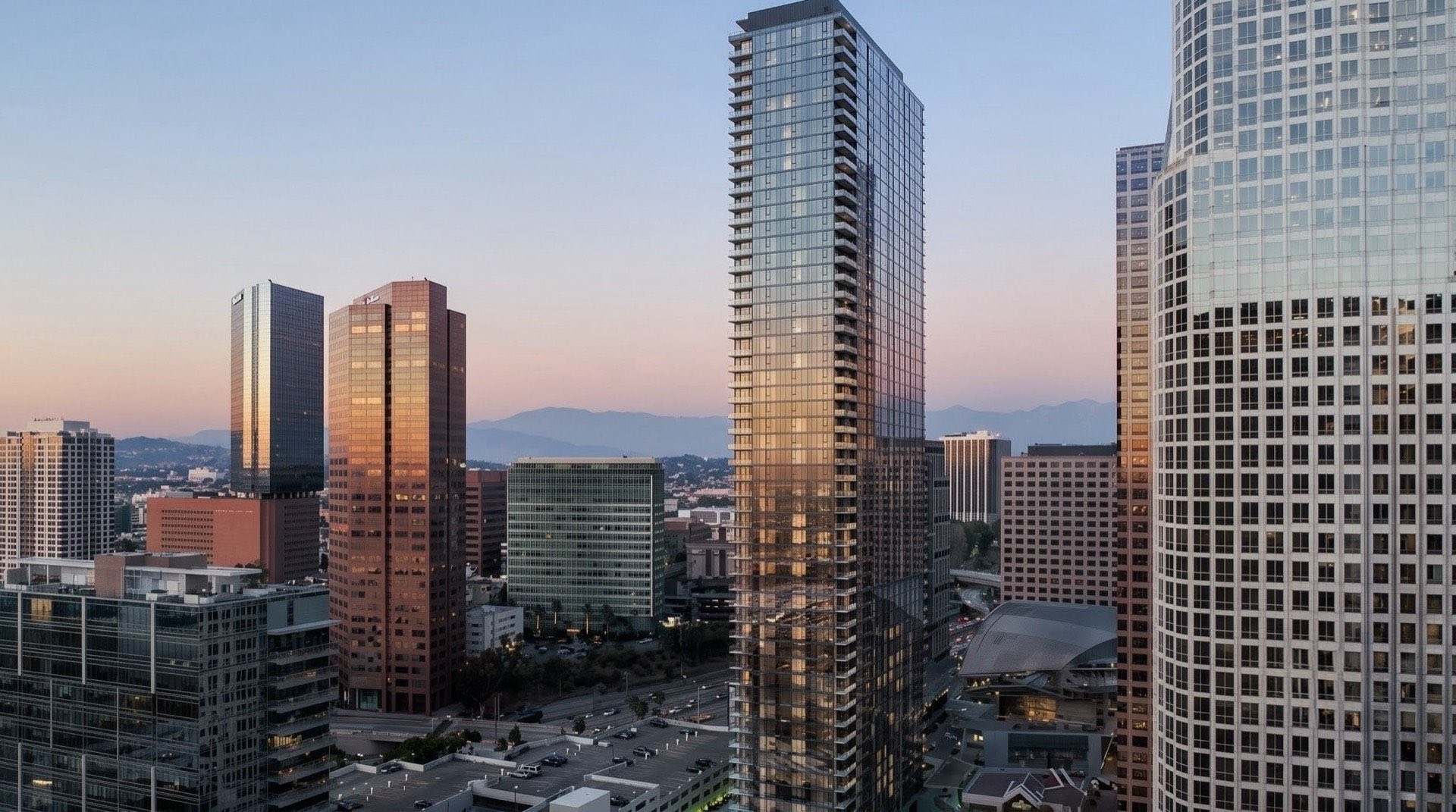 Modern office buildings in Los Angeles at dusk