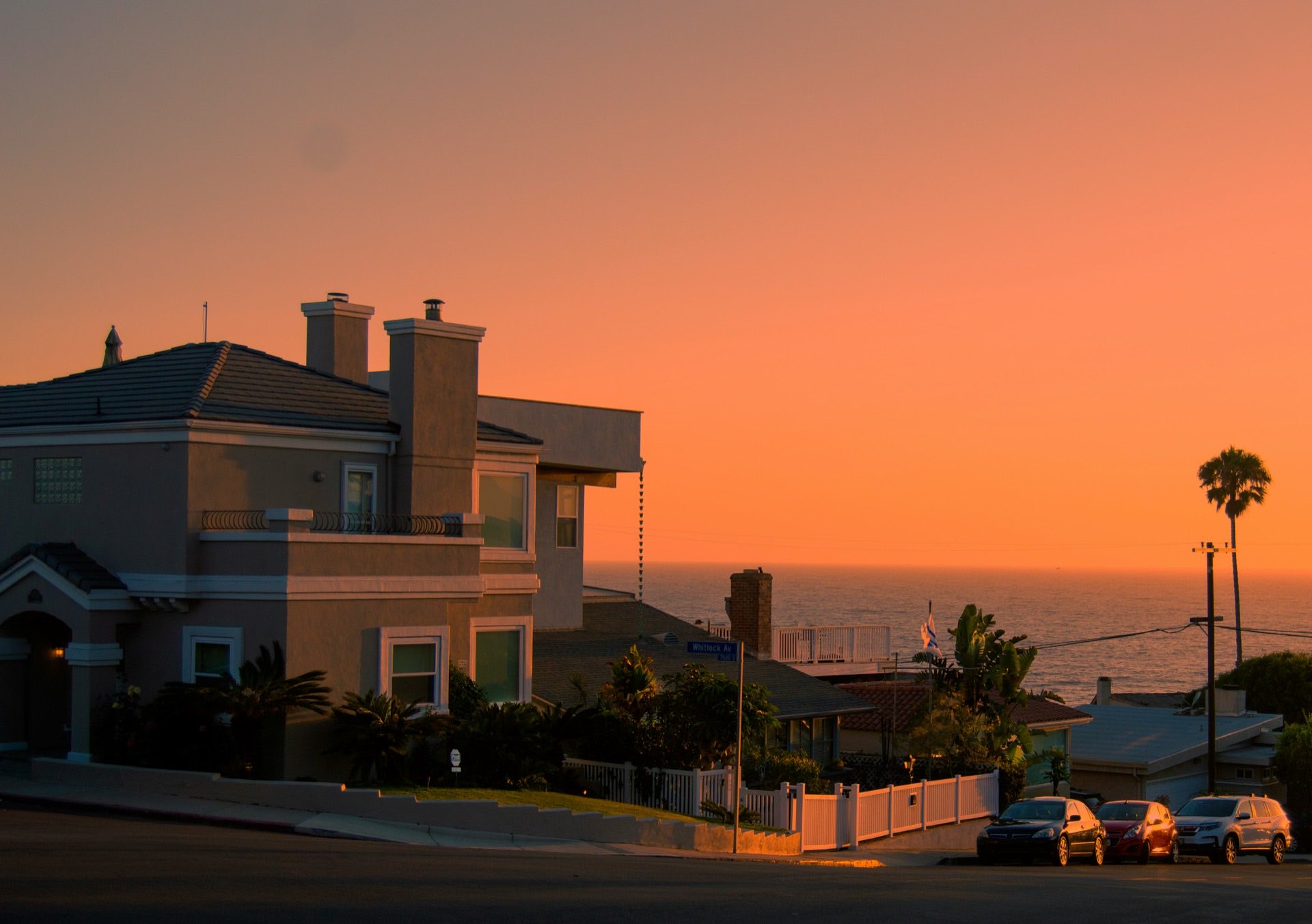 Coastal Southern California homes at sunset