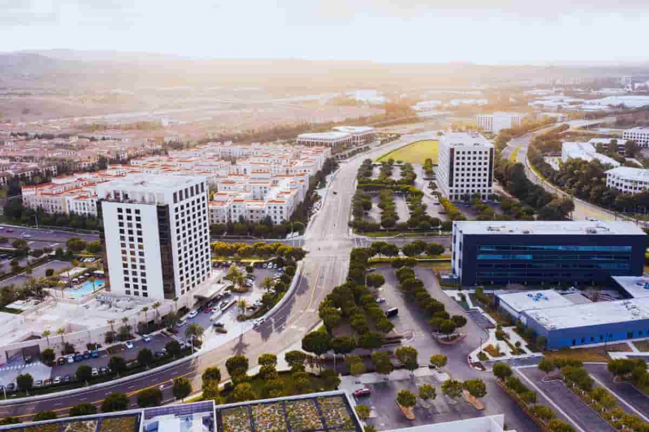 Aerial view of the Irvine business district at golden hour